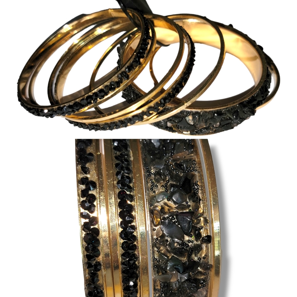 Charlotte Daniel New Black Gold Pebble Stone BANGLE SET Of 7.